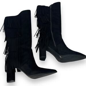 NEW INC International Concepts Black Fringe Boots SZ 9.5 Tall Western Knee High